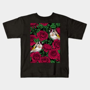 Red Rose flowers and goldfinch birds Kids T-Shirt